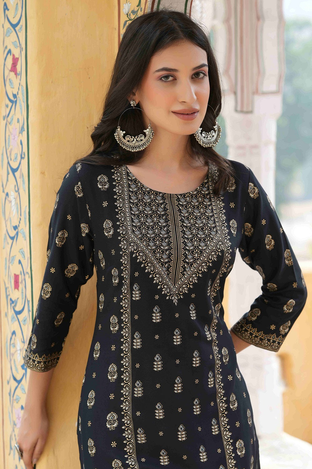Juniper Black Rayon Festive Printed Straight Kurta For Women - Distacart
