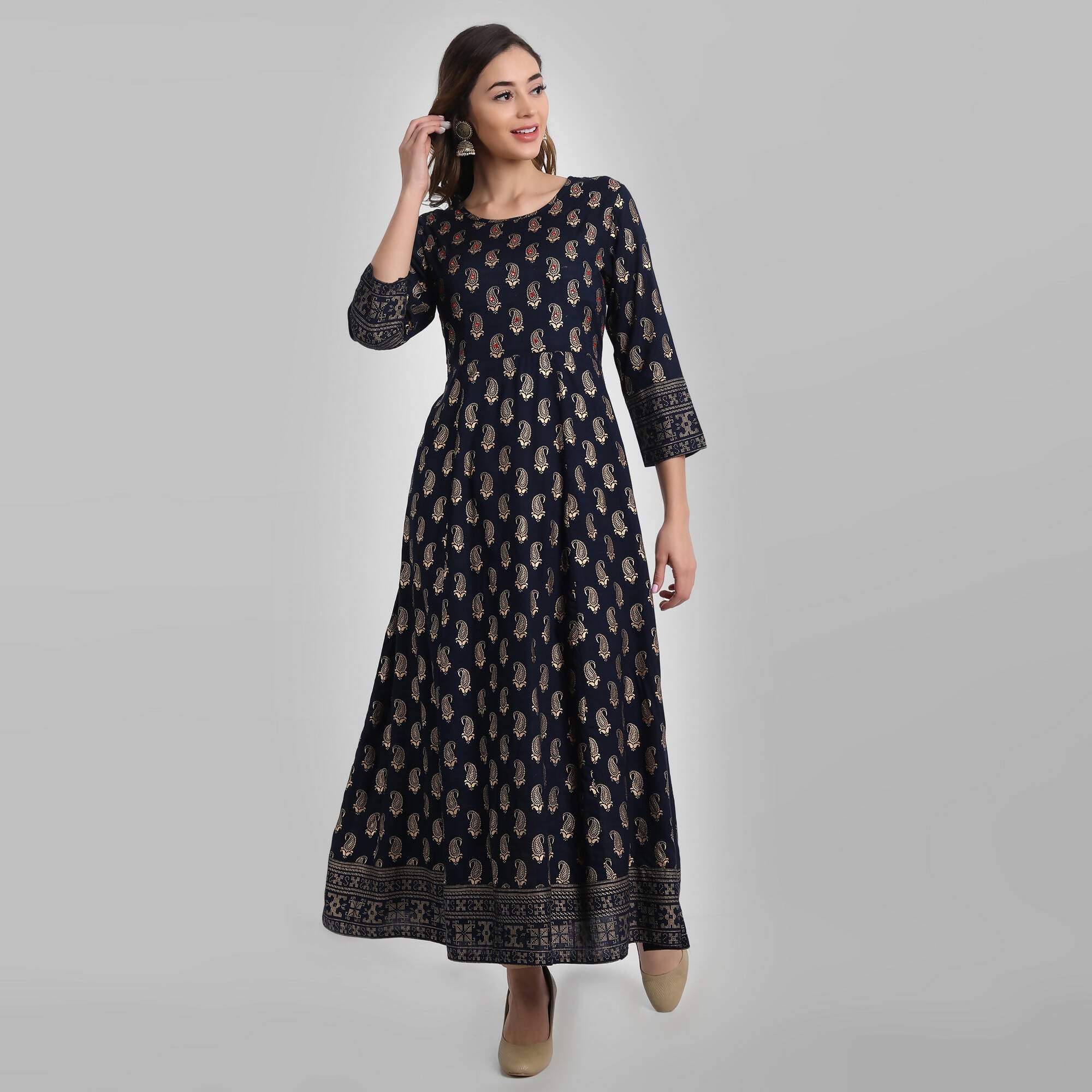 Juniper Women's Navy Rayon Printed Flared Dress - Distacart