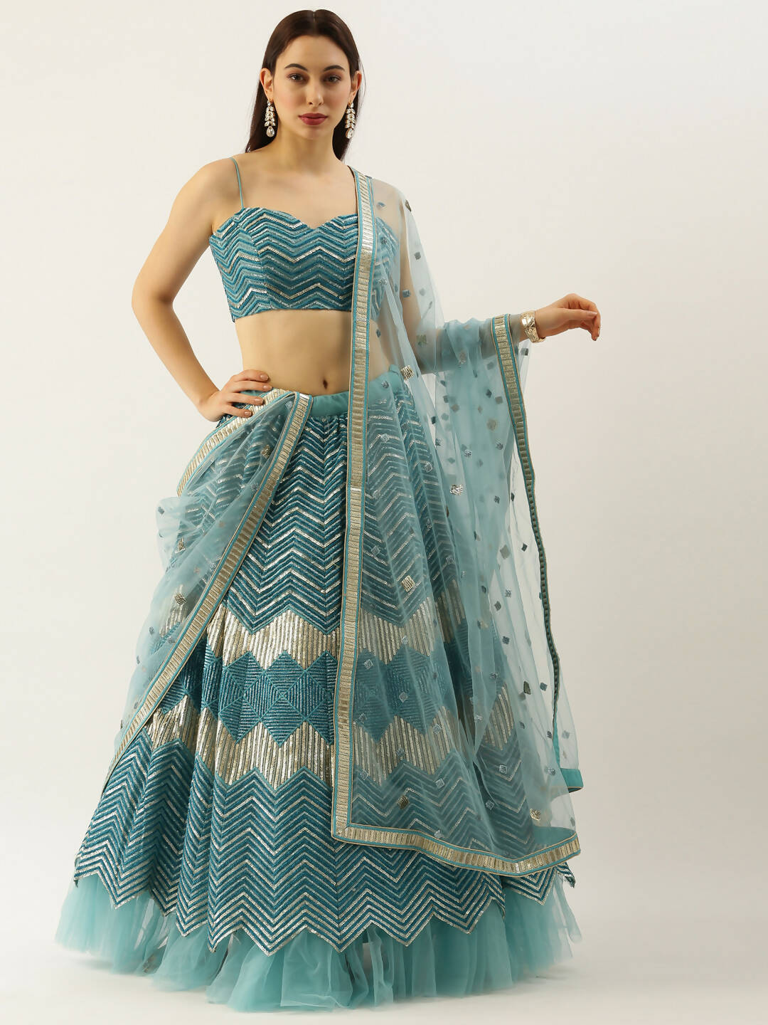House of Panchhi Women Sea Green Net Zig-Zag Embroideried Lehenga, Blouse & Dupatta - Distacart