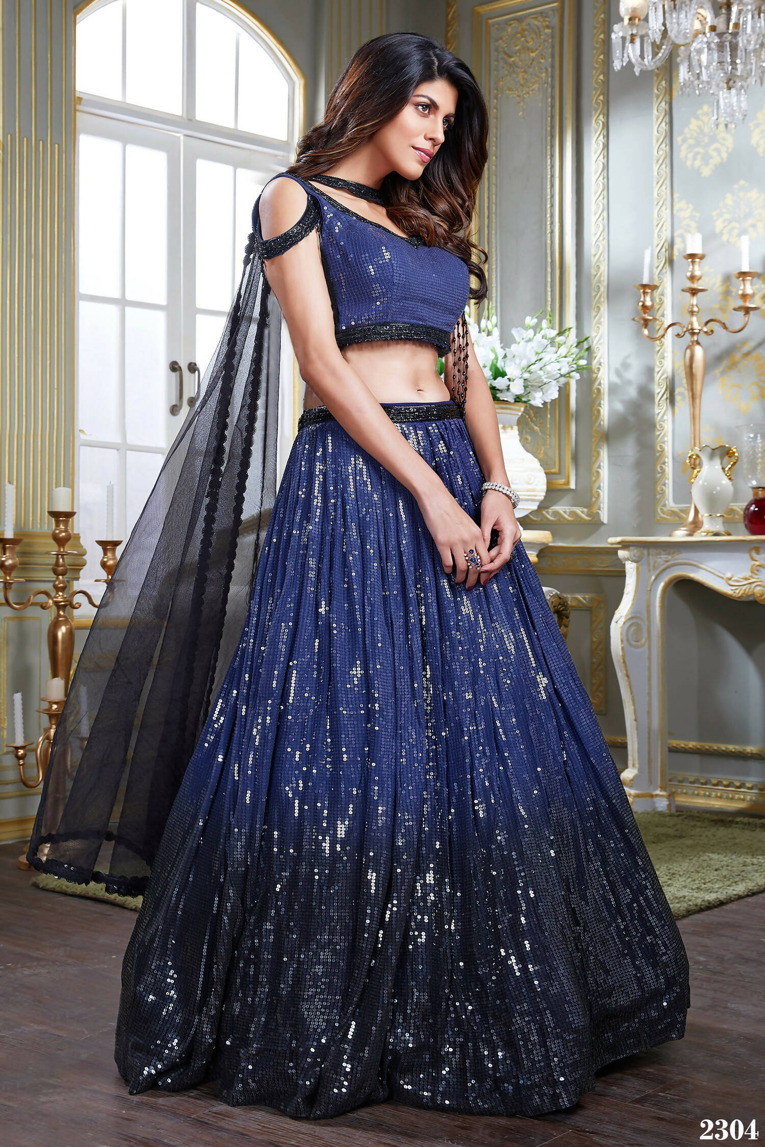 Hazel Wedding Designer Navy Blue Nylon georgette Readymade Lehenga Choli - Distacart