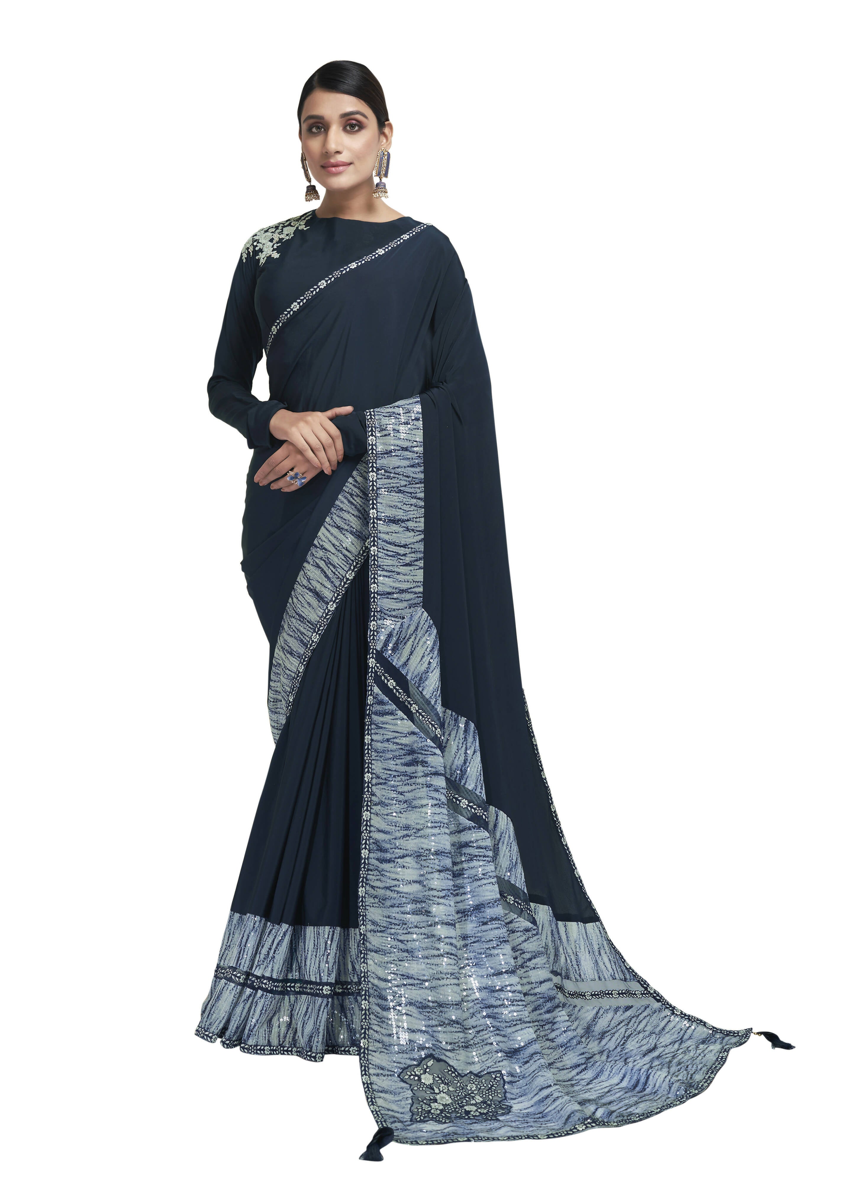 Teal Crepe Sequence Saree With Blouse Piece - Norita Avyaan - Distacart