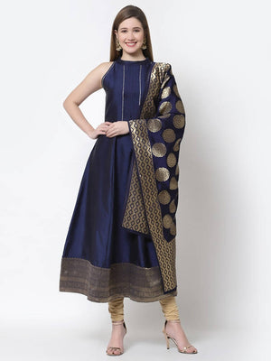 Myshka Blue Color Silk blend Solid Sleeveless Anarkali Gown With Dupatta