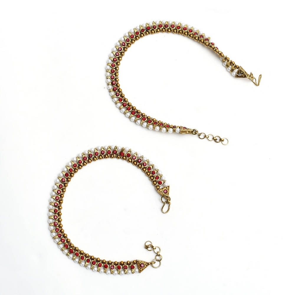 Mominos Fashion Kamal Johar Red Kundan Anklets