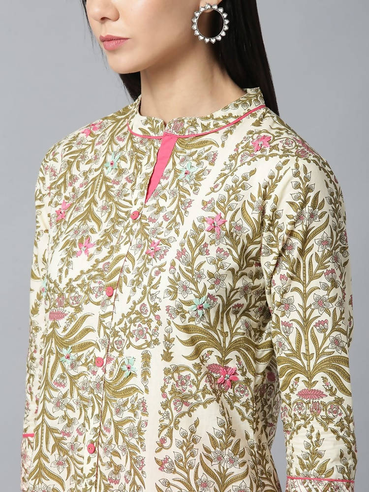 Yufta Women Cream & Pink Printed Kurta with Trouser