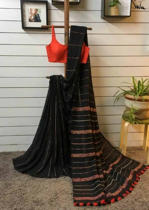 Exclusive Collection Khadi Cotton Handloom Khesh Saree With Blouse Piece - Black - Distacart
