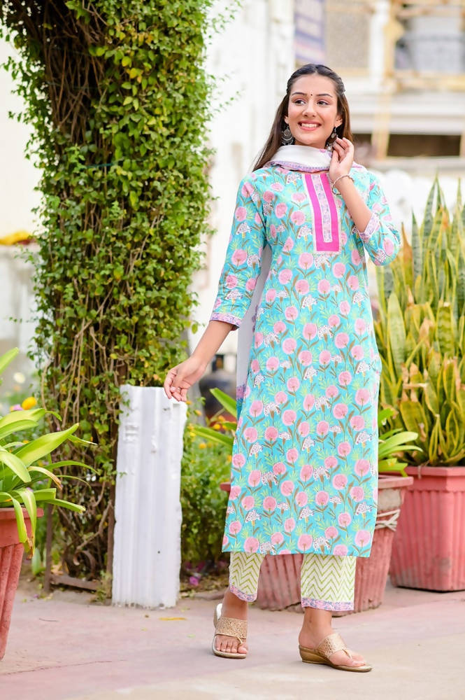 Yufta Women Blue & Off-White Printed Kurta with Trouser & Dupatta