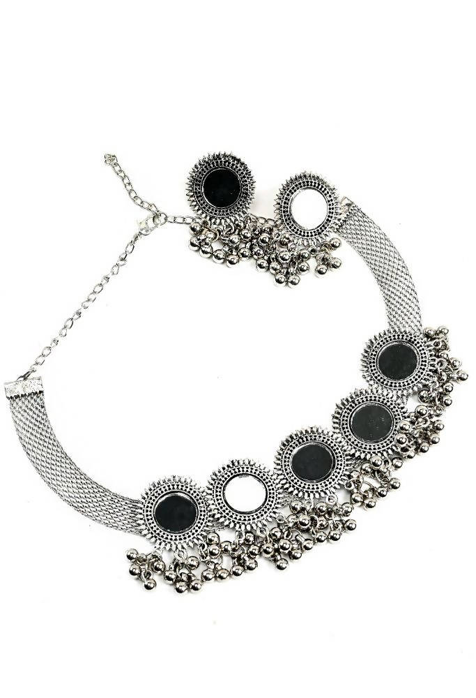 Tehzeeb Creations Oxidised Necklace And Earrings With Mirror And Ghunghru Design