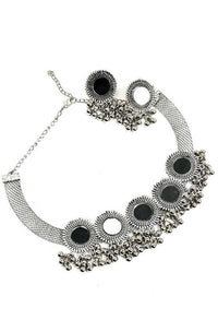 Thumbnail for Tehzeeb Creations Oxidised Necklace And Earrings With Mirror And Ghunghru Design
