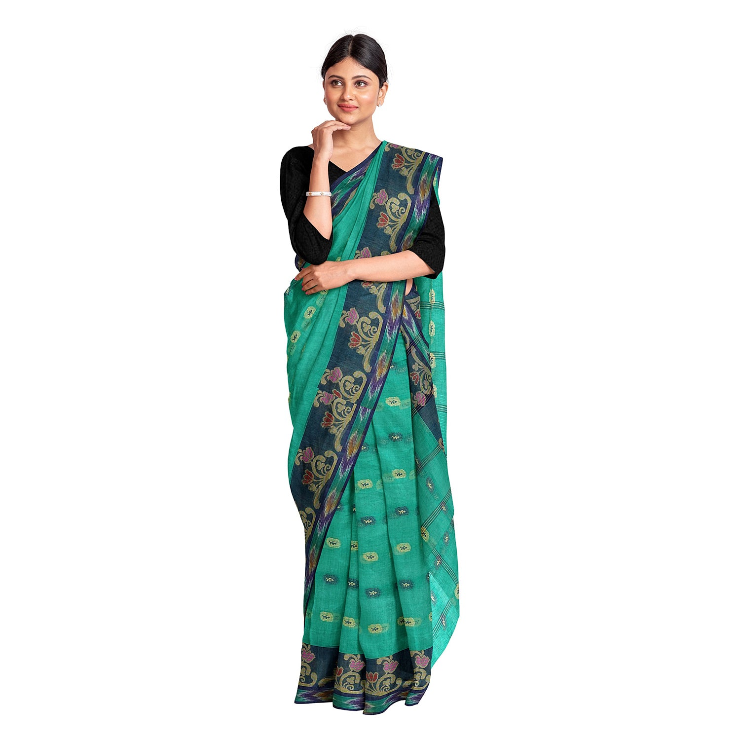 Exclusive Collection 100% Pure Cotton Green Tant Saree With Hand Weaving Work - Distacart