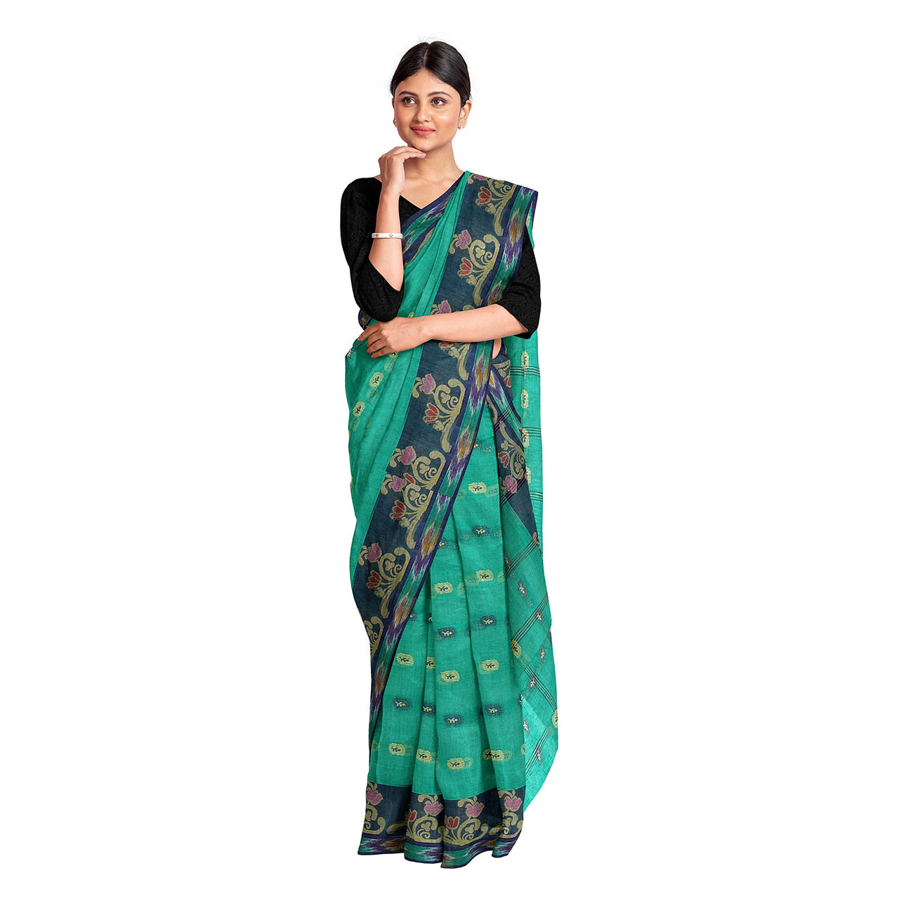 Exclusive Collection 100% Pure Cotton Green Tant Saree With Hand Weaving Work - Distacart