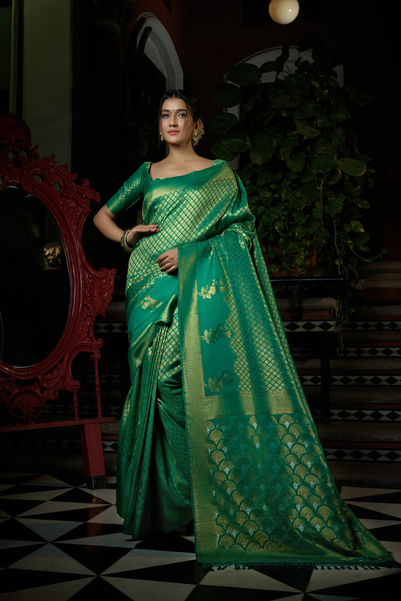 Vardha Emerald Green Copper-Silver Zari Kanjeevaram Silk Saree