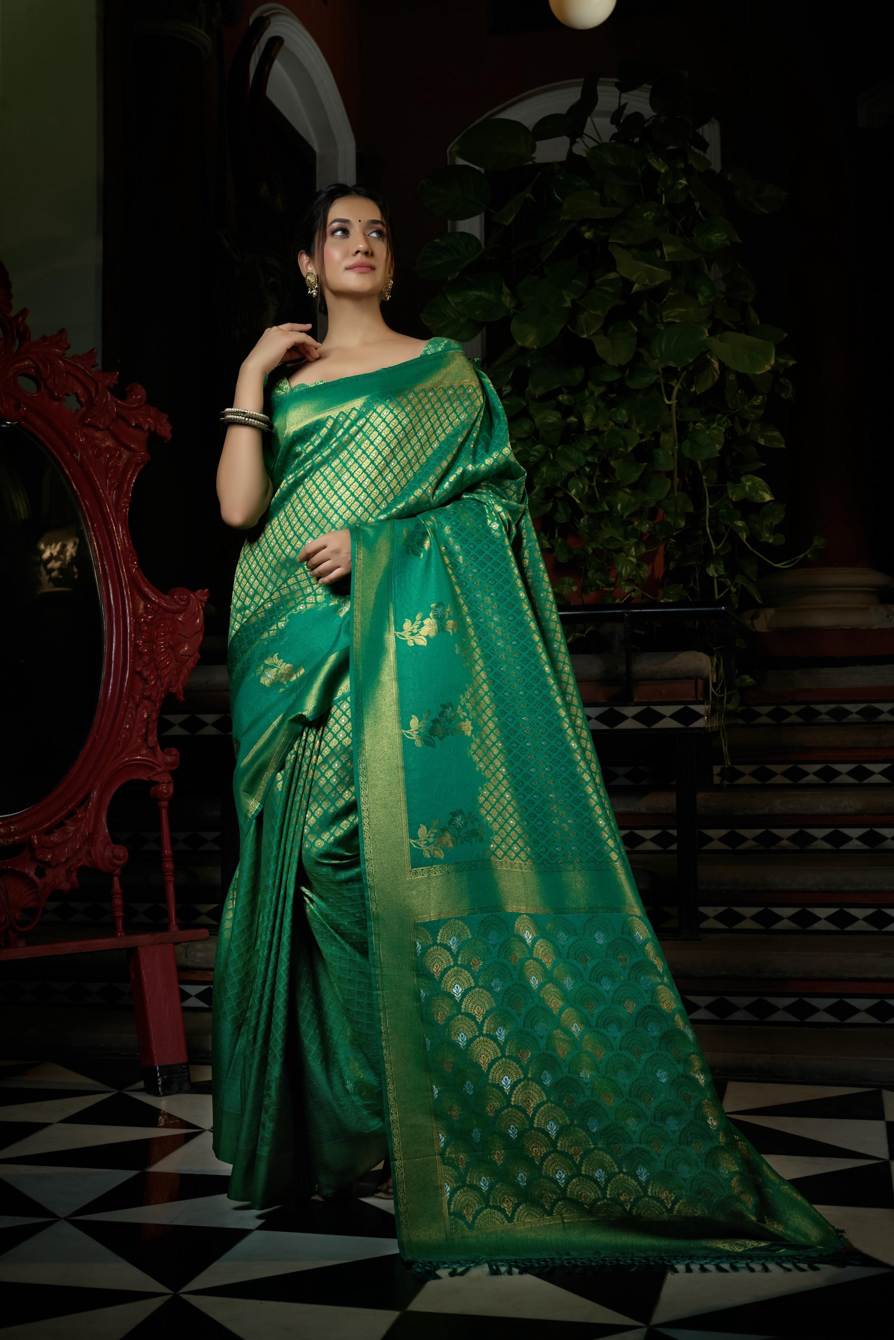 Vardha Emerald Green Copper-Silver Zari Kanjeevaram Silk Saree