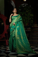 Thumbnail for Vardha Emerald Green Copper-Silver Zari Kanjeevaram Silk Saree