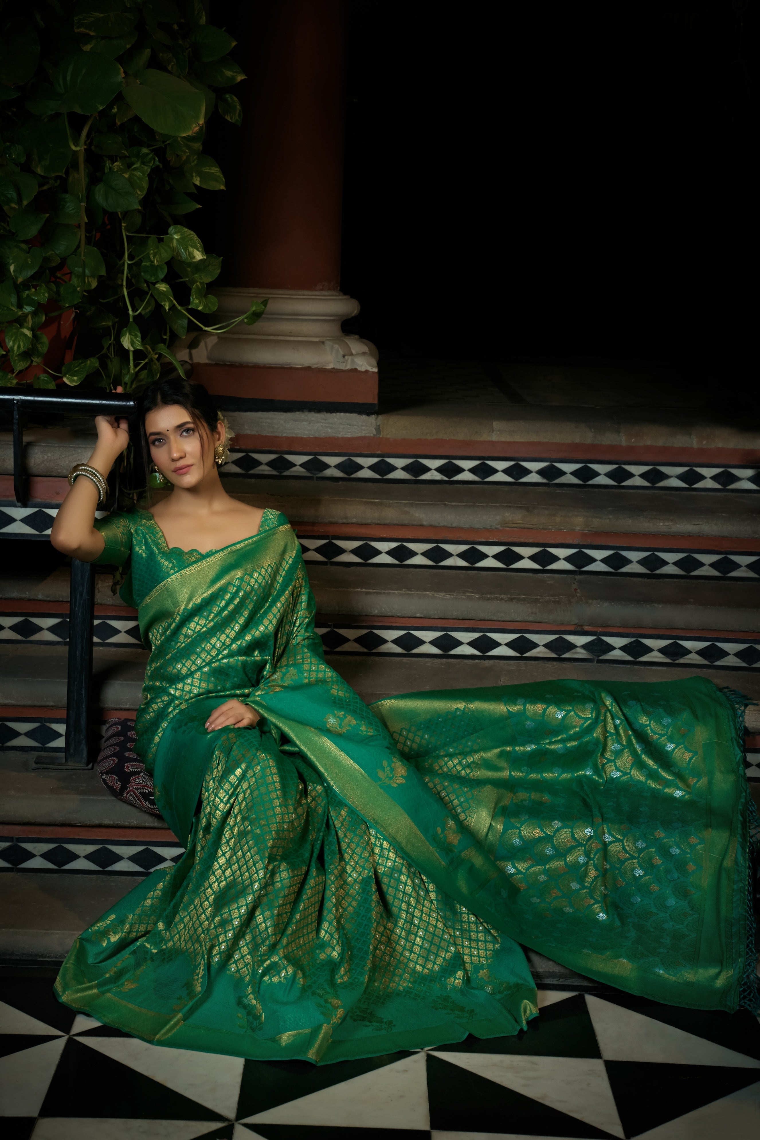 Vardha Emerald Green Copper-Silver Zari Kanjeevaram Silk Saree