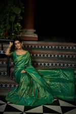 Thumbnail for Vardha Emerald Green Copper-Silver Zari Kanjeevaram Silk Saree