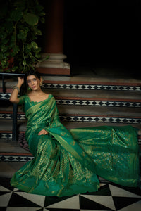 Thumbnail for Vardha Emerald Green Copper-Silver Zari Kanjeevaram Silk Saree