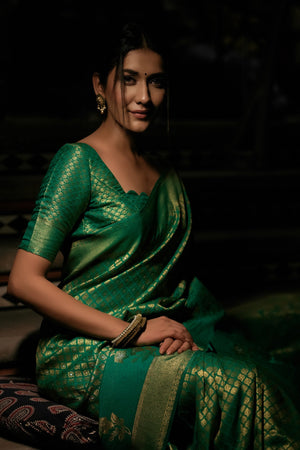 Vardha Emerald Green Copper-Silver Zari Kanjeevaram Silk Saree