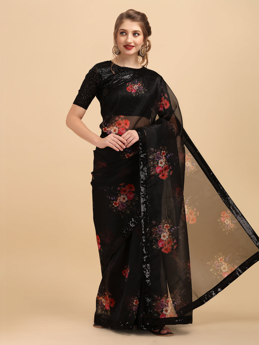 Sangria Black & Coral Floral Sequinned Organza Celebrity Saree - Distacart