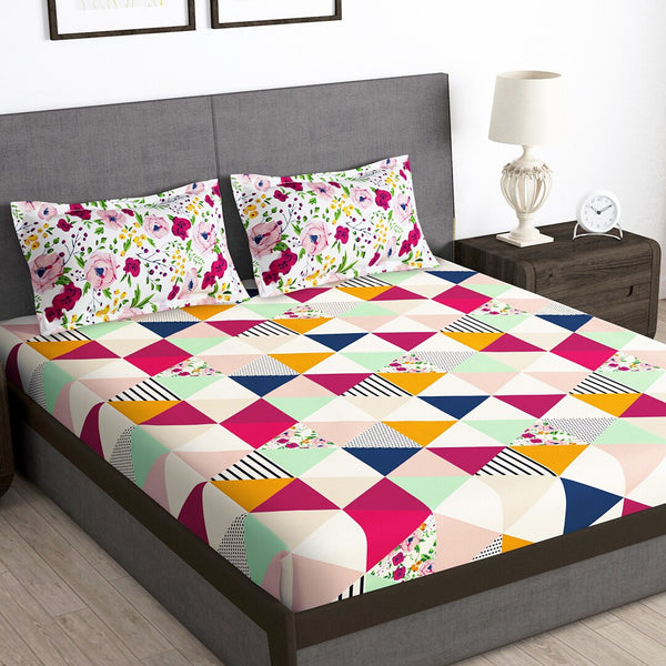 Story@home Arena Pink & Green Geometric Printed 180 TC Queen Bedsheet & 2 Pillow Covers - Distacart