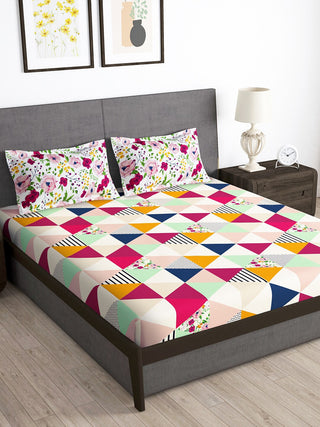 Story@home Arena Pink & Green Geometric Printed 180 TC Queen Bedsheet & 2 Pillow Covers - Distacart