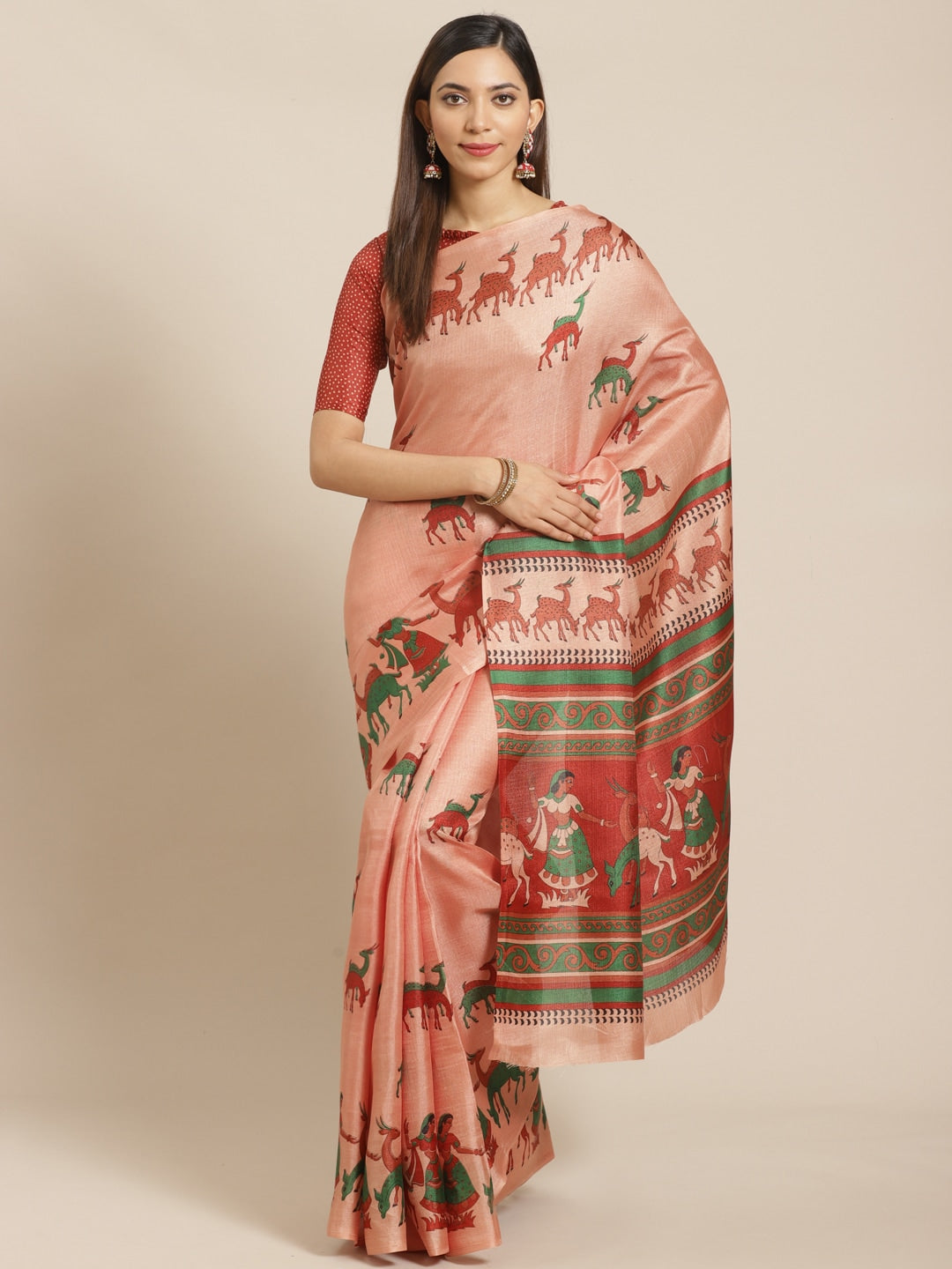 Saree Mall Peach-Coloured & Red Printed Saree - Distacart
