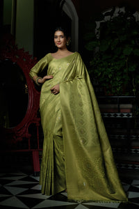 Thumbnail for Vardha Jade Green Copper-Silver Zari Kanjeevaram Silk Saree
