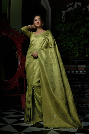 Vardha Jade Green Copper-Silver Zari Kanjeevaram Silk Saree