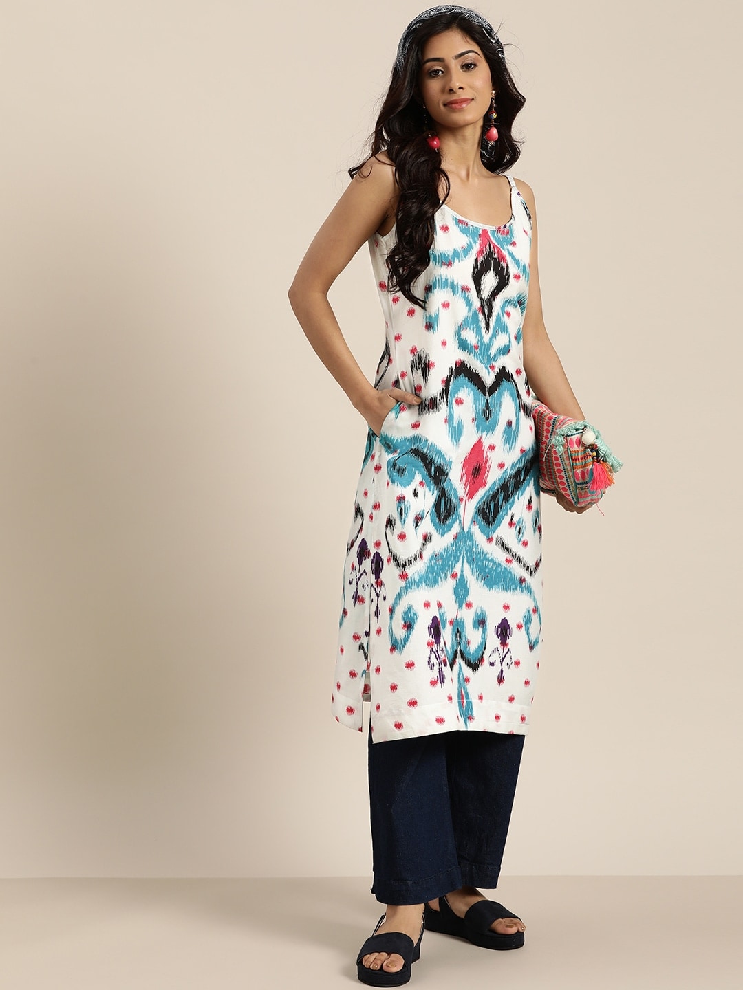 Sangria Women White & Blue Pure Cotton Ethnic Motifs Printed Straight Kurta - Distacart