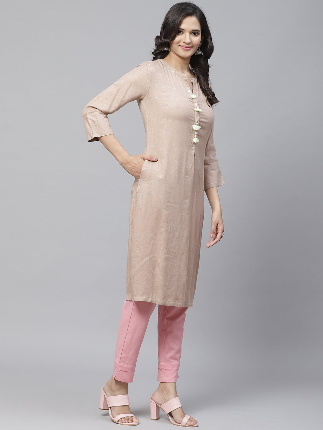 Biba Women Beige & Silver Checked Straight Kurta - Distacart