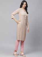 Thumbnail for Biba Women Beige & Silver Checked Straight Kurta - Distacart