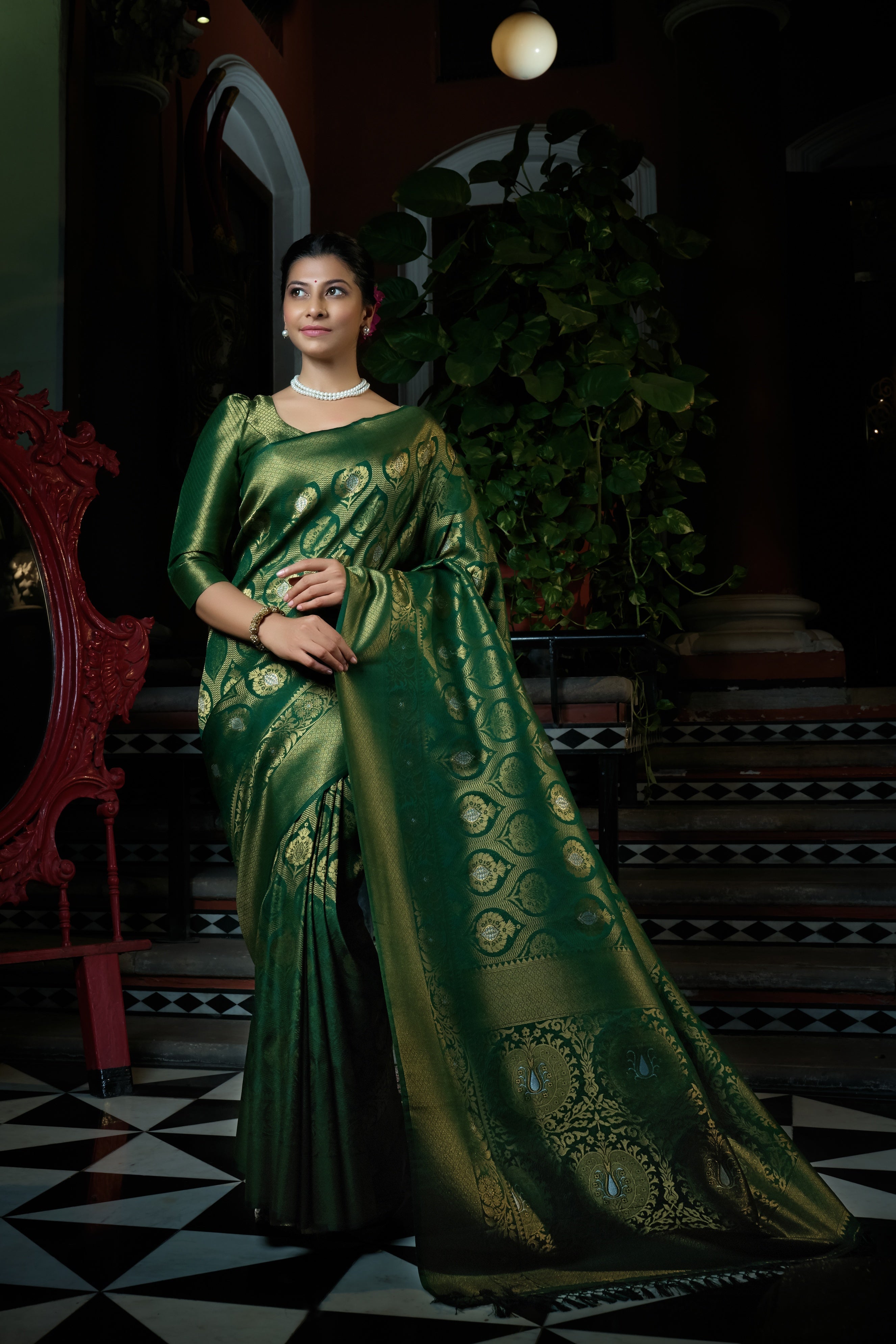 Vardha Dartmouth Green Copper-Silver Zari Kanjeevaram Silk Saree
