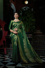 Thumbnail for Vardha Dartmouth Green Copper-Silver Zari Kanjeevaram Silk Saree