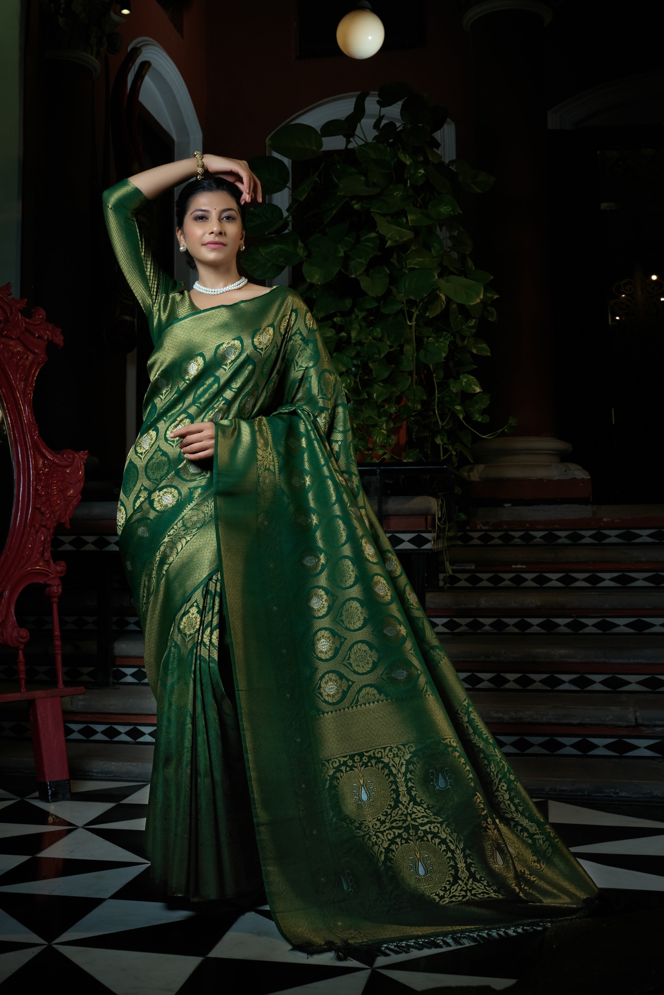 Vardha Dartmouth Green Copper-Silver Zari Kanjeevaram Silk Saree