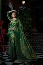 Thumbnail for Vardha Dartmouth Green Copper-Silver Zari Kanjeevaram Silk Saree