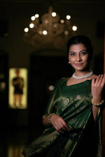 Thumbnail for Vardha Dartmouth Green Copper-Silver Zari Kanjeevaram Silk Saree