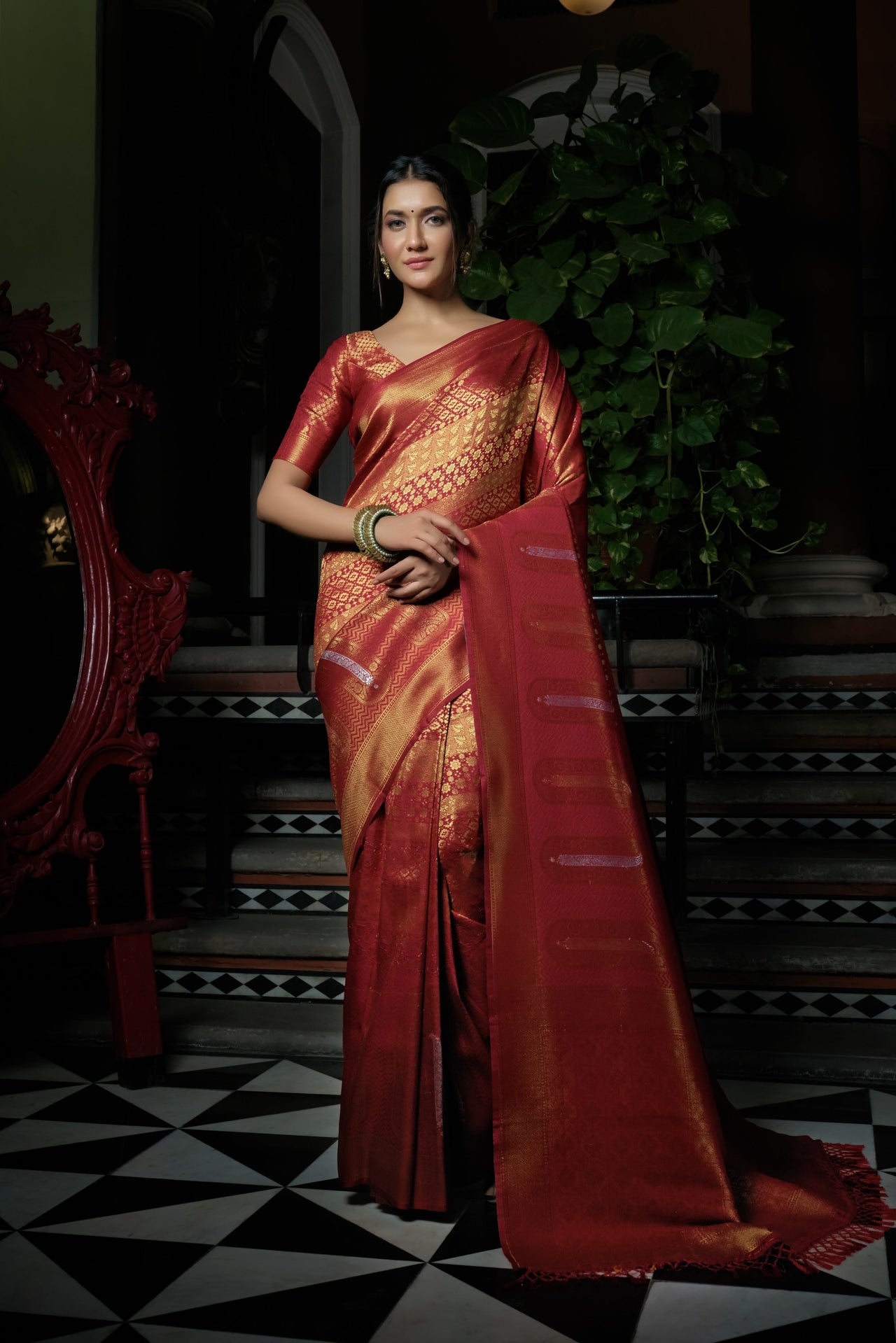 Vardha Crimson Red Copper-Silver Zari Kanjeevaram Silk Saree