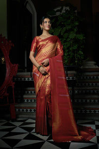 Thumbnail for Vardha Crimson Red Copper-Silver Zari Kanjeevaram Silk Saree