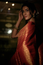 Thumbnail for Vardha Crimson Red Copper-Silver Zari Kanjeevaram Silk Saree