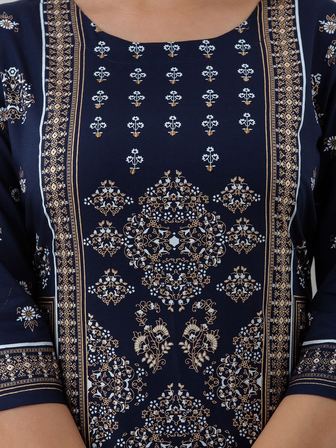 HERE&NOW Navy Blue Ethnic Motifs Printed Kurta with Trousers - Distacart