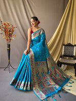 Thumbnail for Mitera Blue & Pink Ethnic Motif Woven Design Zari Paithani Saree - Distacart