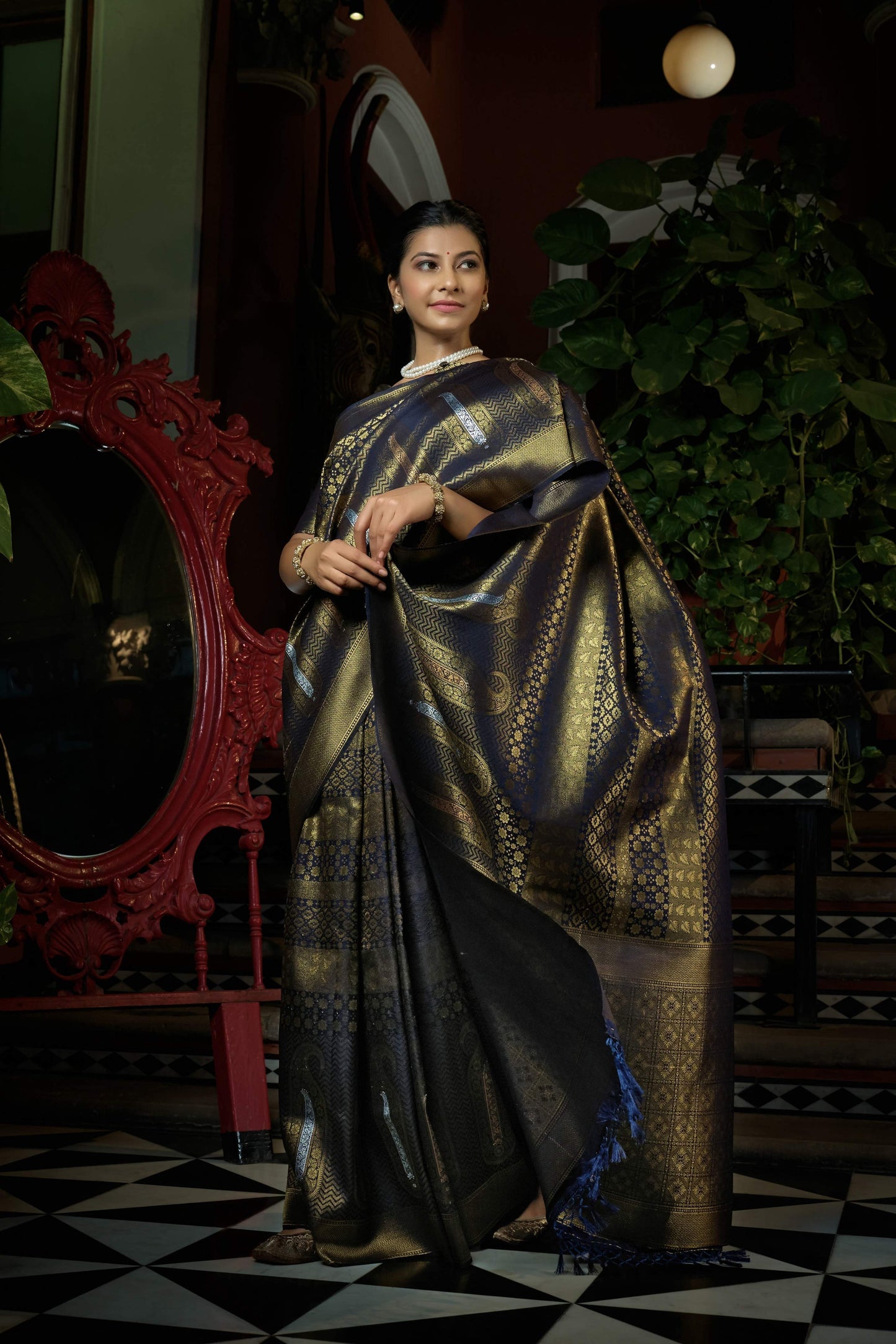 Vardha Stratos Blue Copper-Silver Zari Kanjeevaram Silk Saree