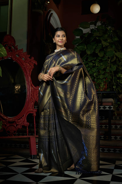 Vardha Stratos Blue Copper-Silver Zari Kanjeevaram Silk Saree