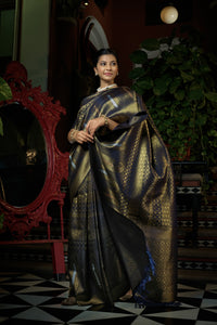 Thumbnail for Vardha Stratos Blue Copper-Silver Zari Kanjeevaram Silk Saree