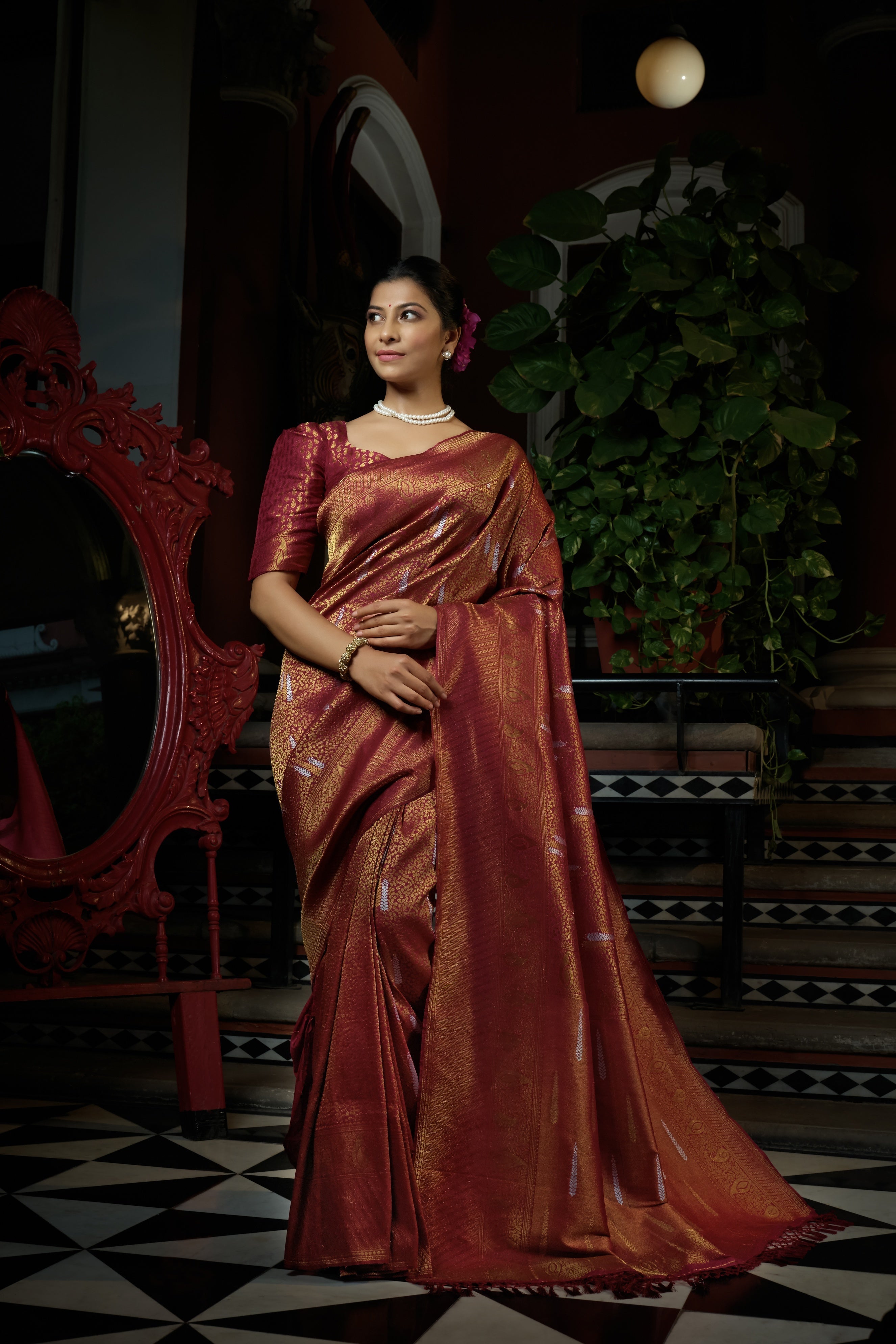 Vardha Sanguine Maroon Copper-Silver Zari Kanjeevaram Silk Saree