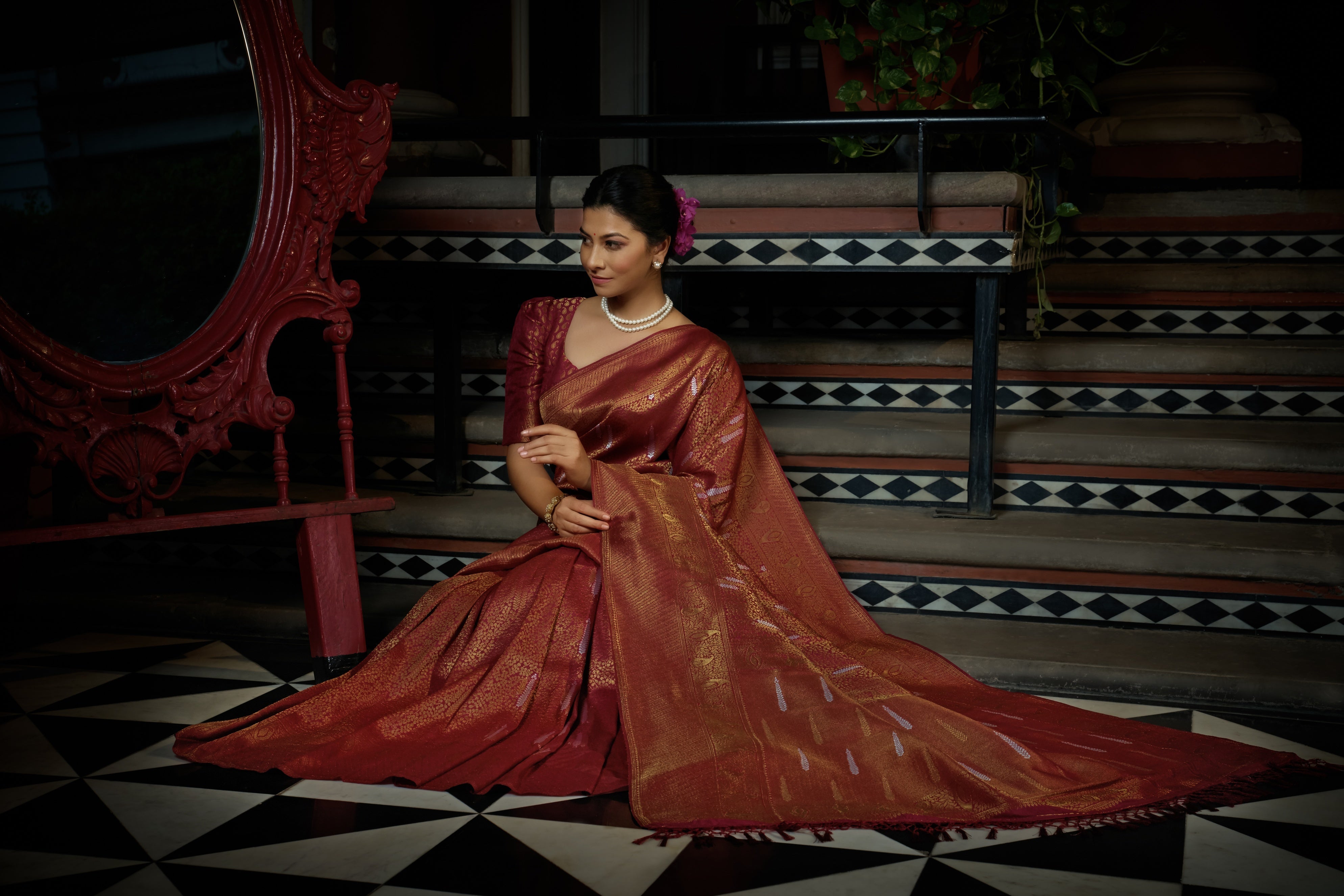 Vardha Sanguine Maroon Copper-Silver Zari Kanjeevaram Silk Saree