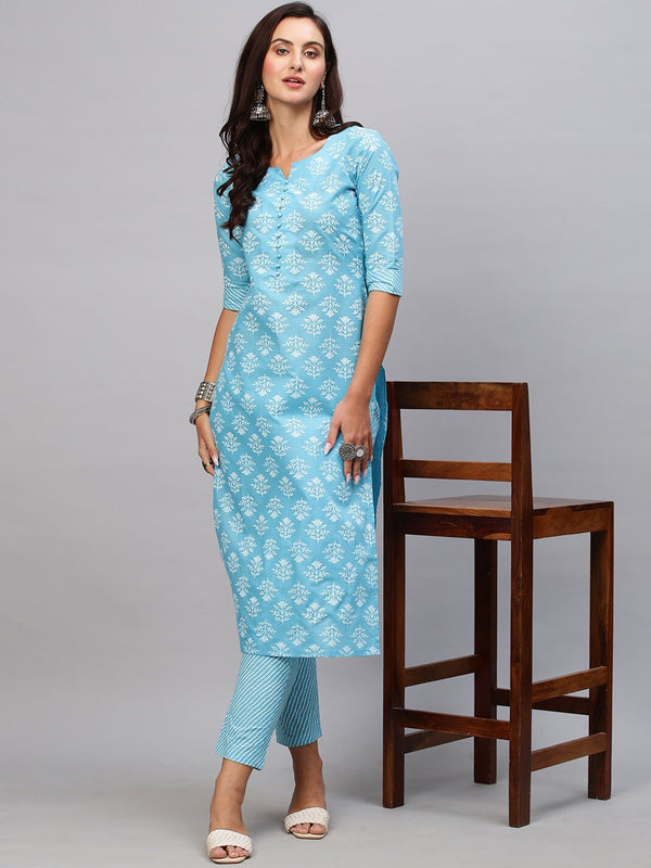 Kalini Women Ethnic Motifs Printed Notch Neck Kurta with Trousers - Distacart