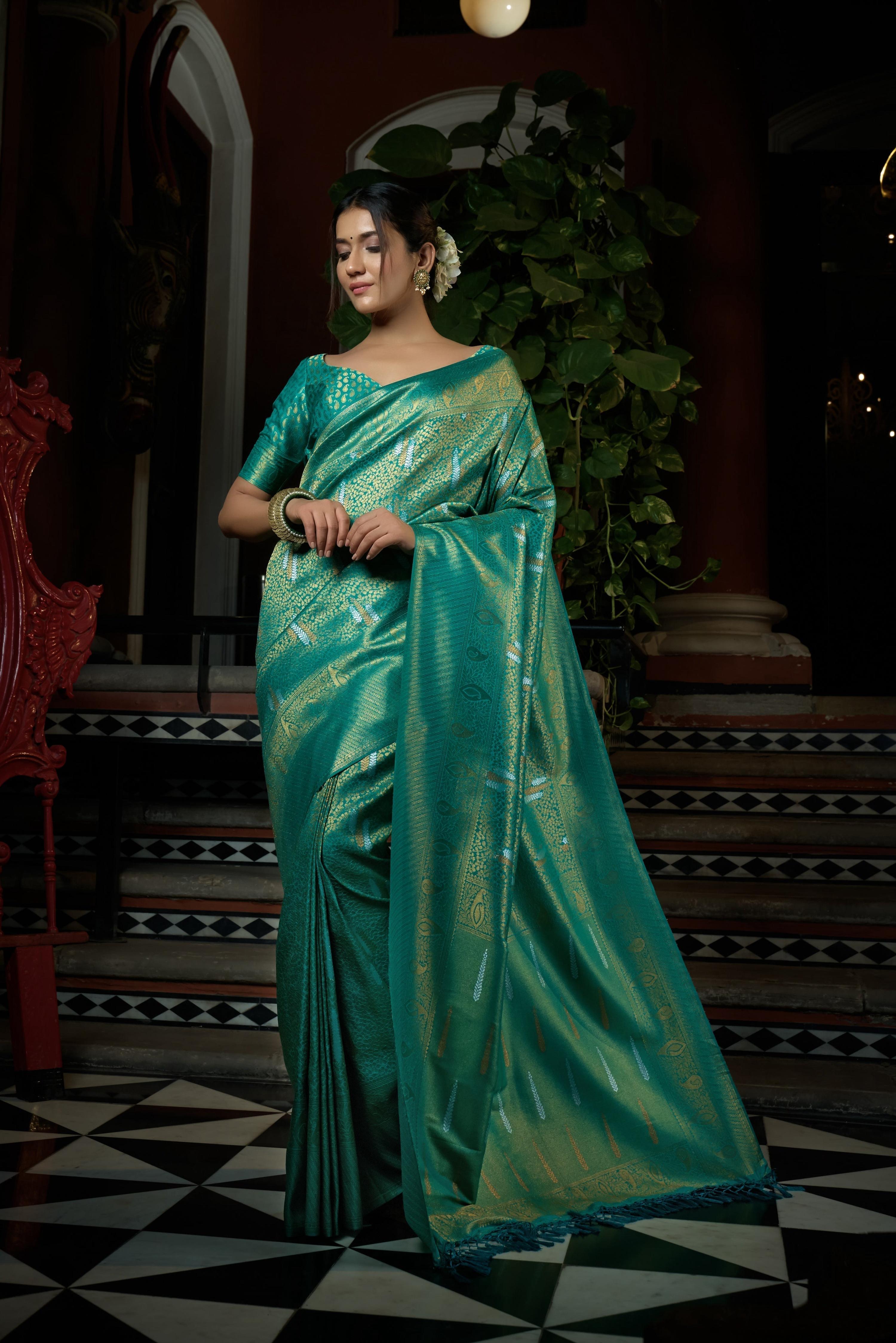 Vardha Pacific Blue Copper-Silver Zari Kanjeevaram Silk Saree