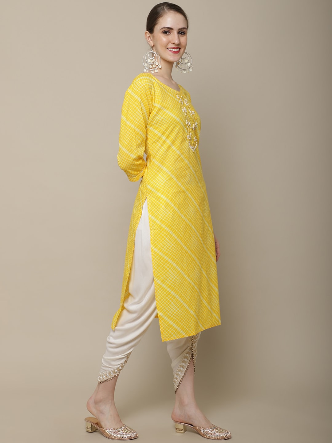 Sangria Women Yellow & White Embellished Cotton Straight Kurta - Distacart