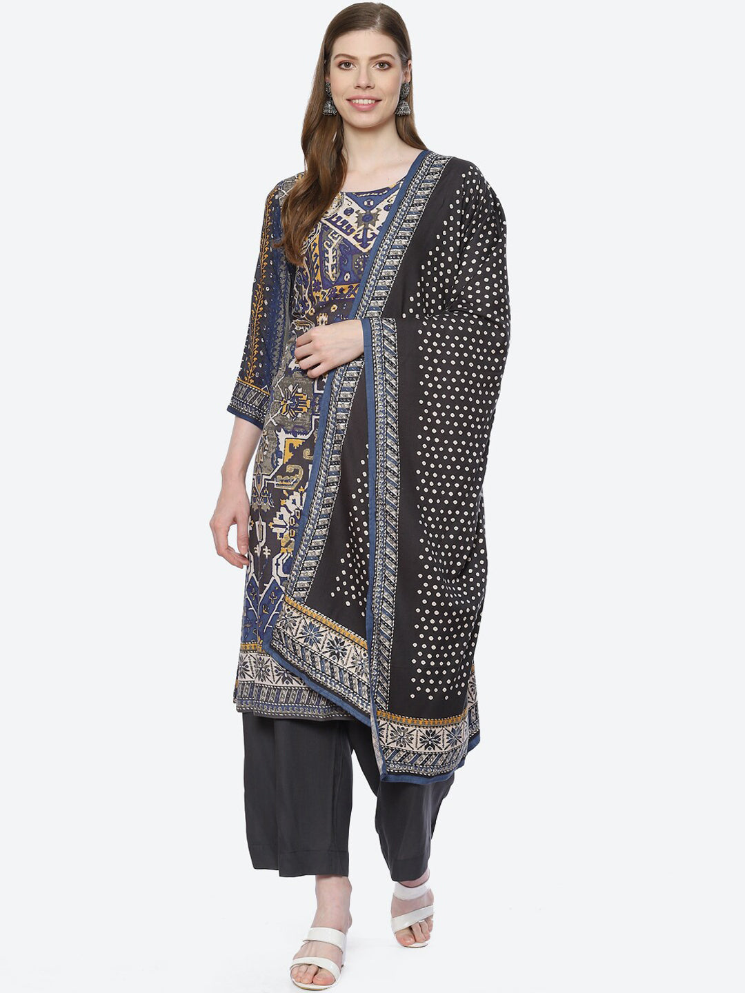 Biba Women Blue Printed Kurta with Palazzos & With Dupatta - Distacart