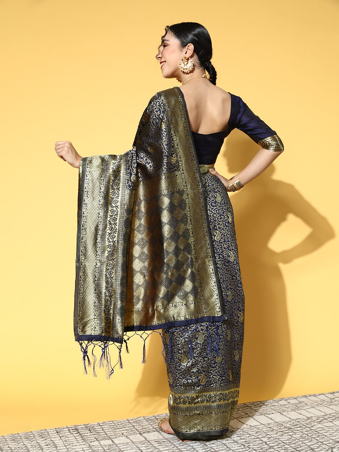 Saree Mall Navy Blue & Gold-Toned Ethnic Motifs Zari Silk Blend Banarasi Sarees - Distacart